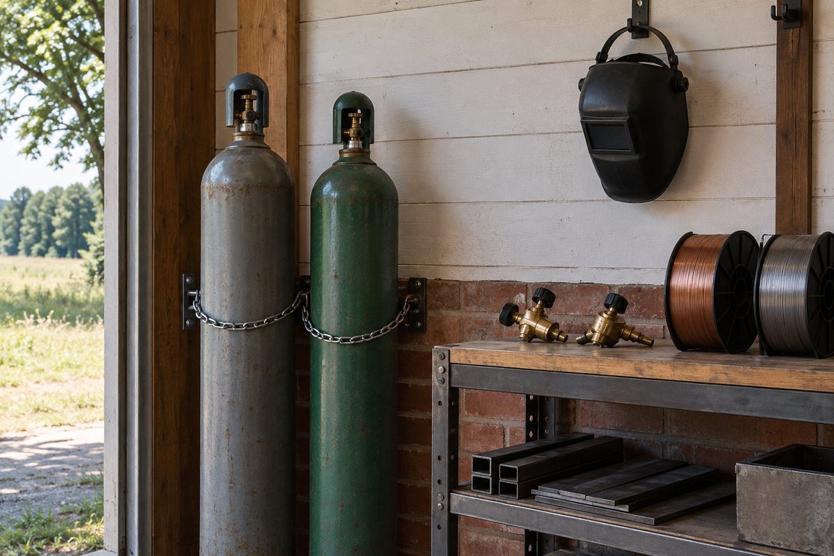 Chained welding gas cylinders and supplies on a shelf