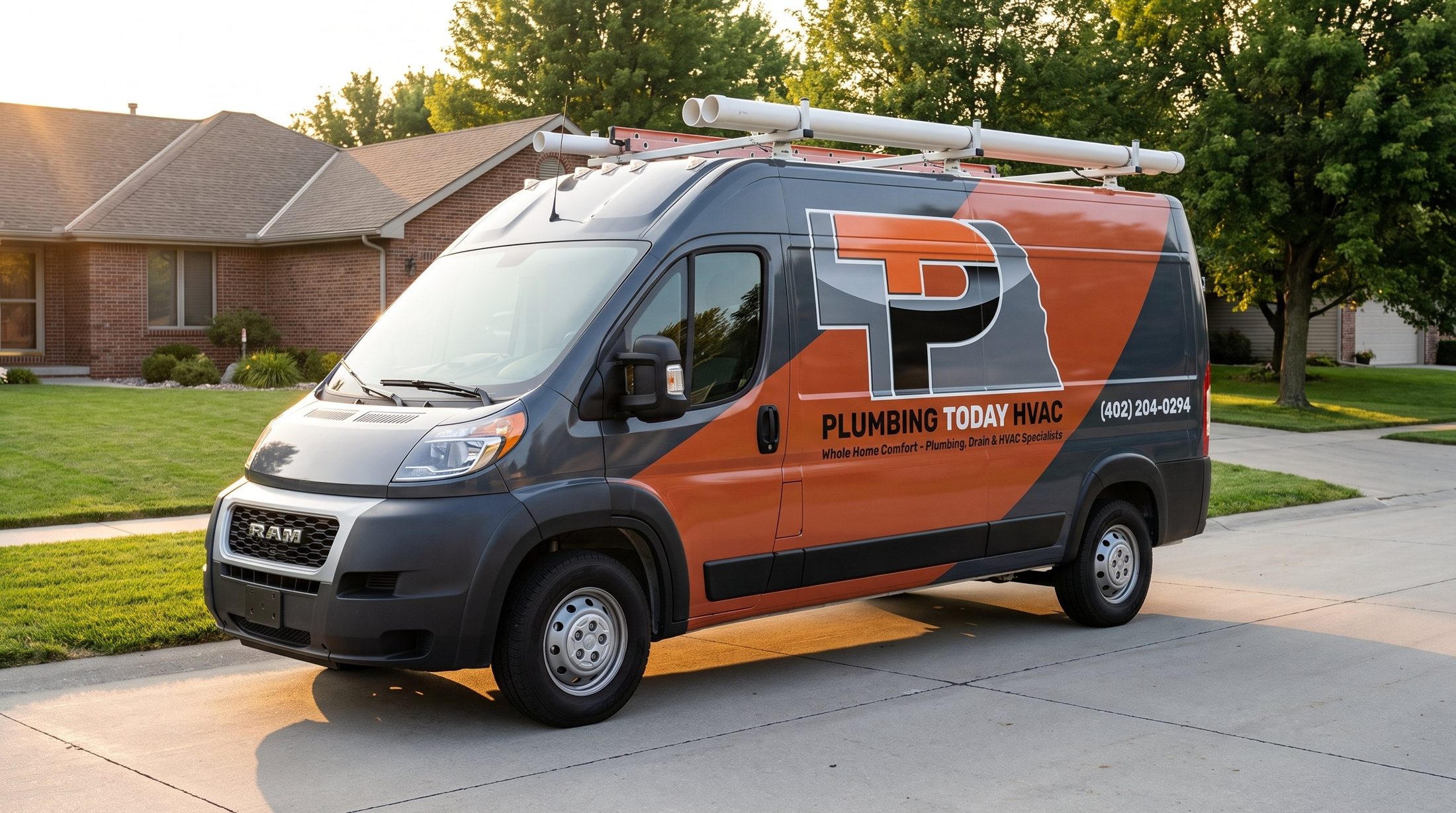 Plumbing Today HVAC wrapped service van in an Omaha neighborhood