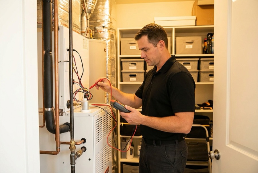 Technician testing a residential heat pump air handler
