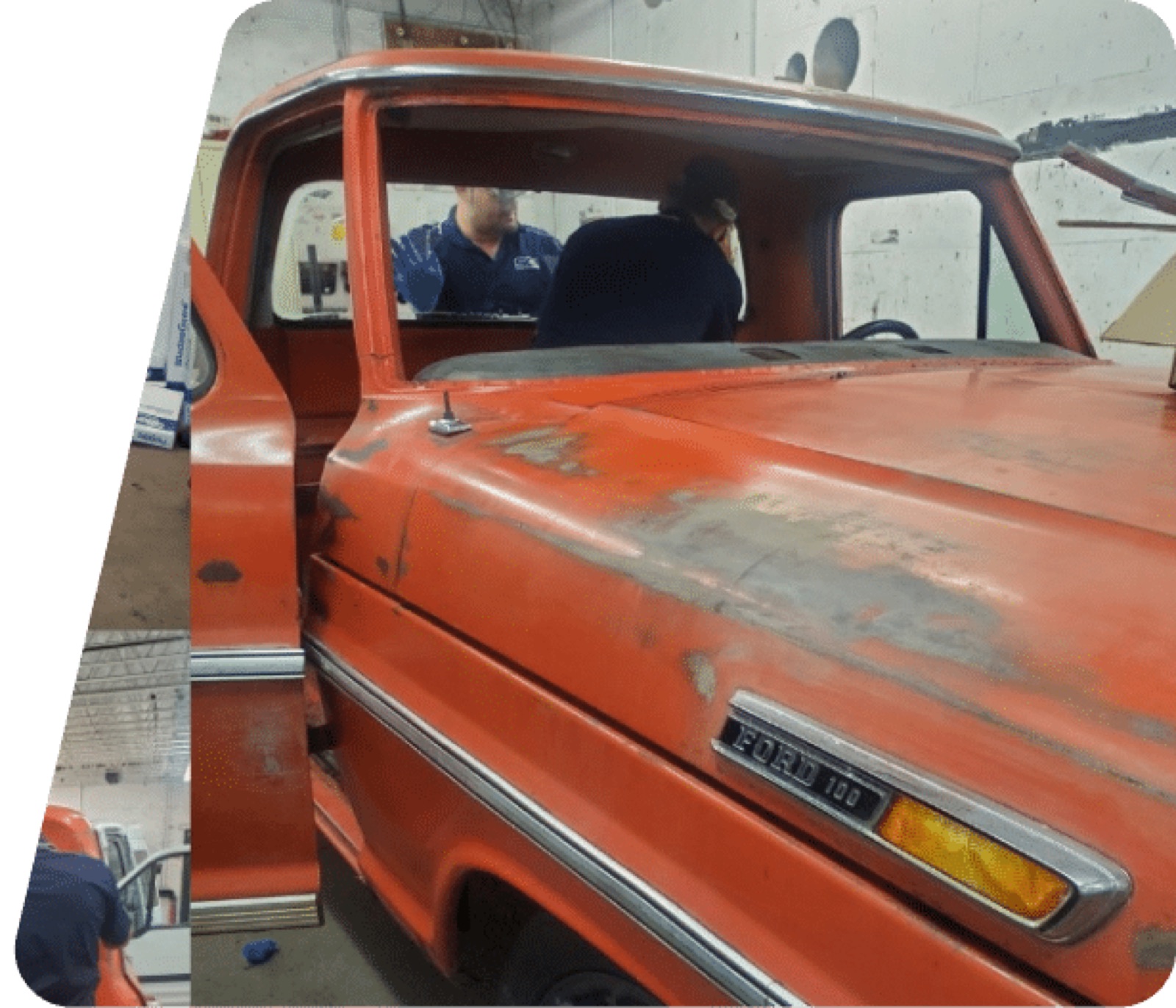 Classic Ford 100 pickup getting new glass at SGI