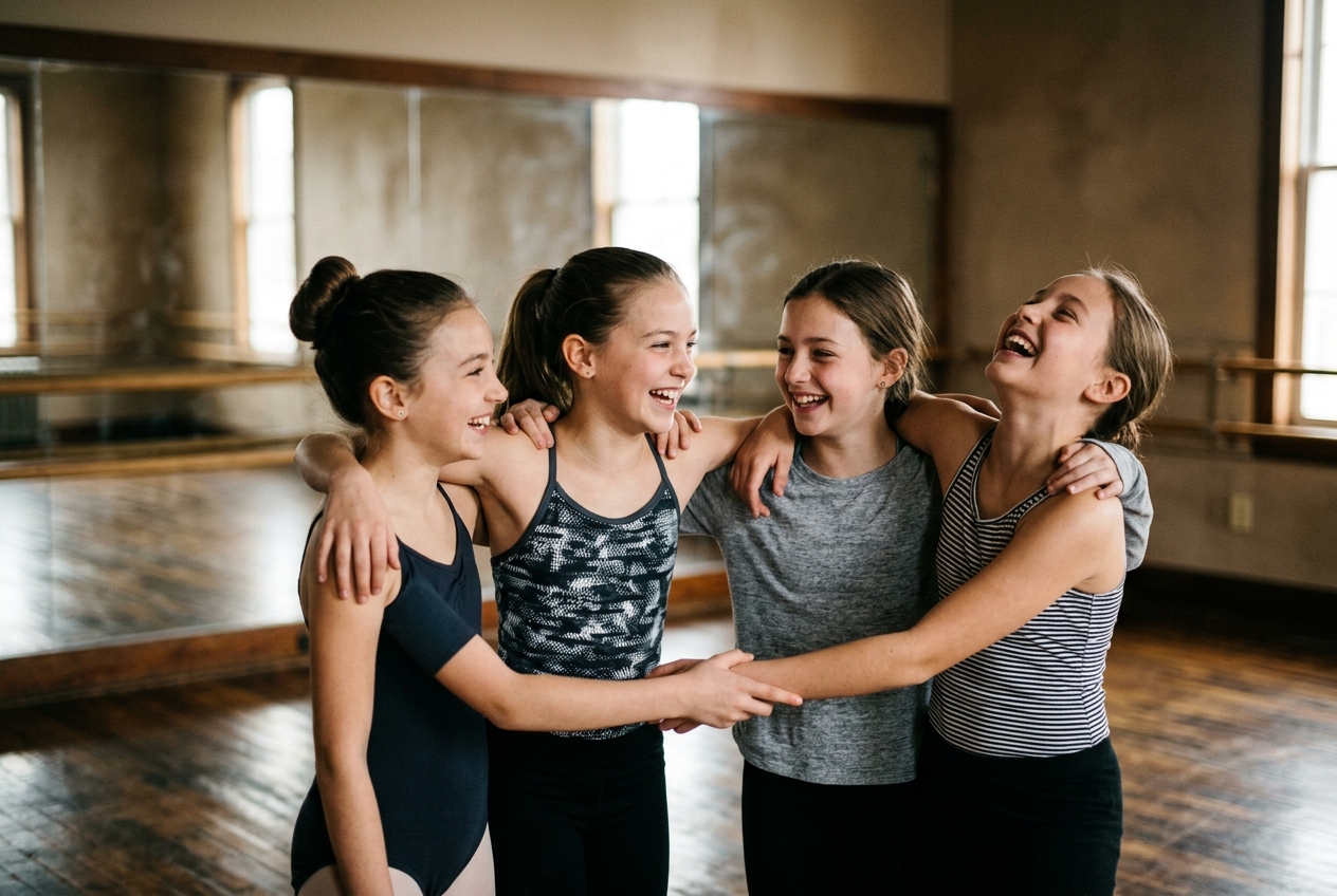 Young dancers laughing together in the studio