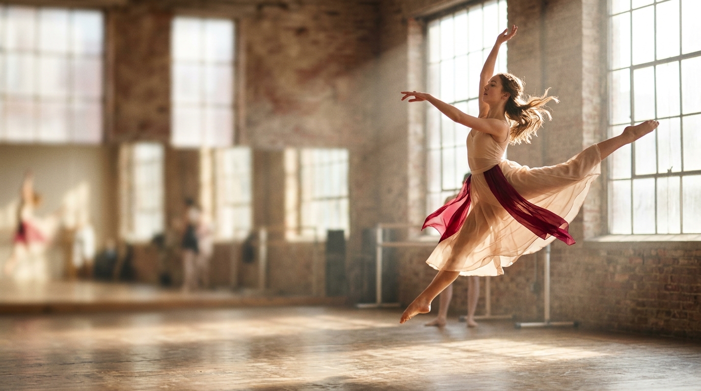 A dancer in mid-flight, caught in the light of the Sterling Silver studio