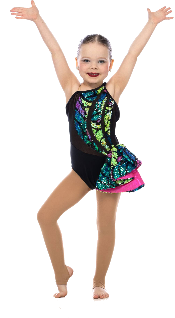 A joyful young Sterling Silver dancer with her arms raised