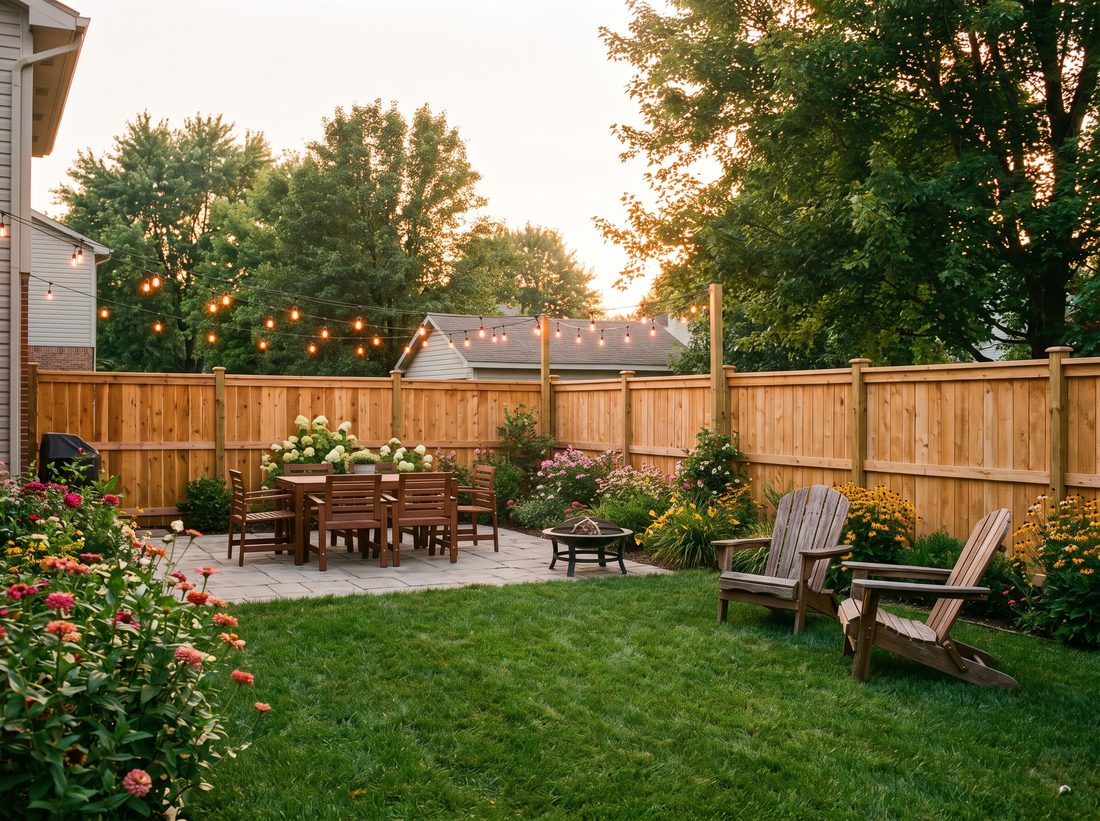 A finished cedar privacy fence around a warm, inviting Central Indiana backyard