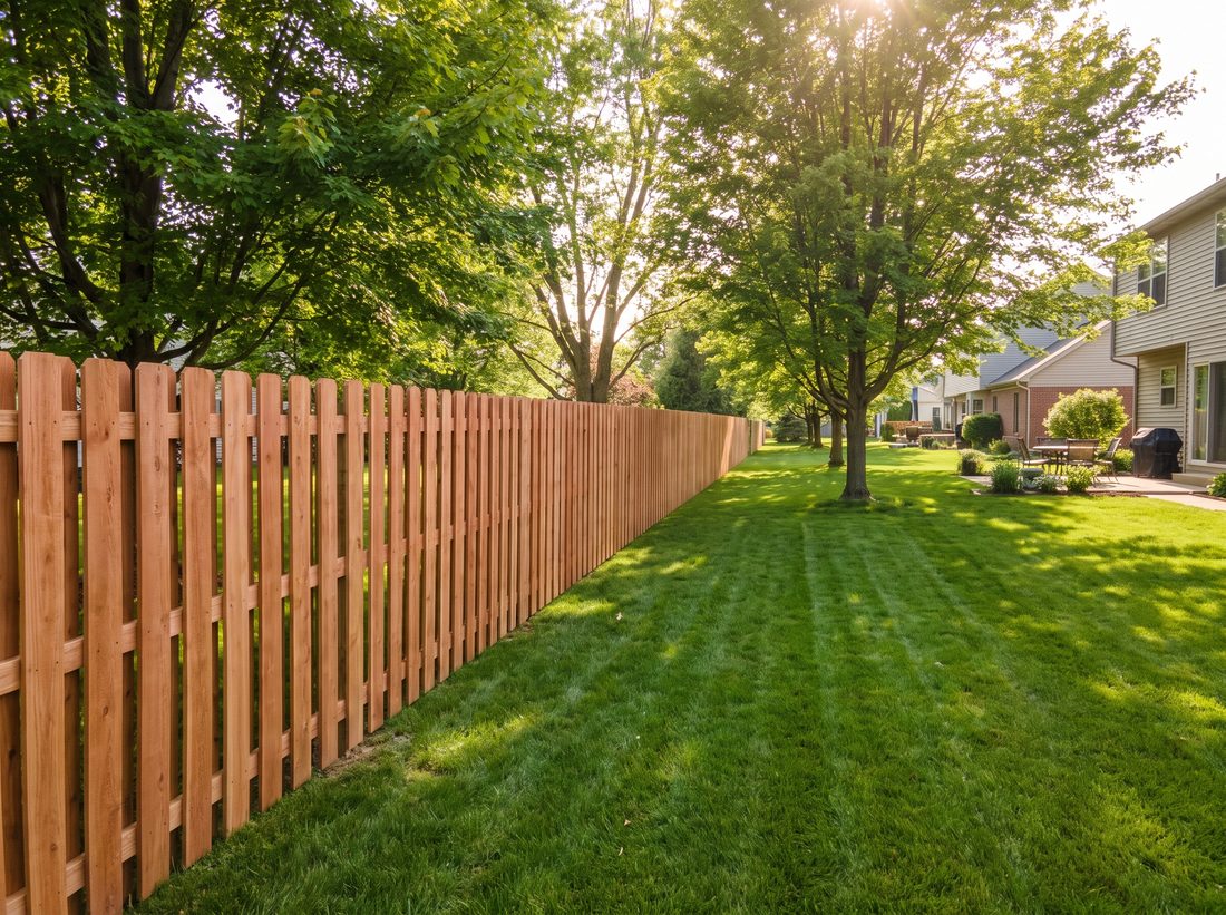 New cedar board-on-board privacy fence in a Central Indiana backyard
