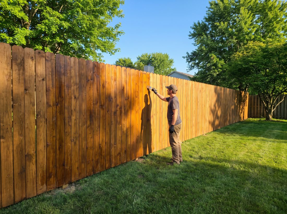 Applying stain and sealer to a wood fence