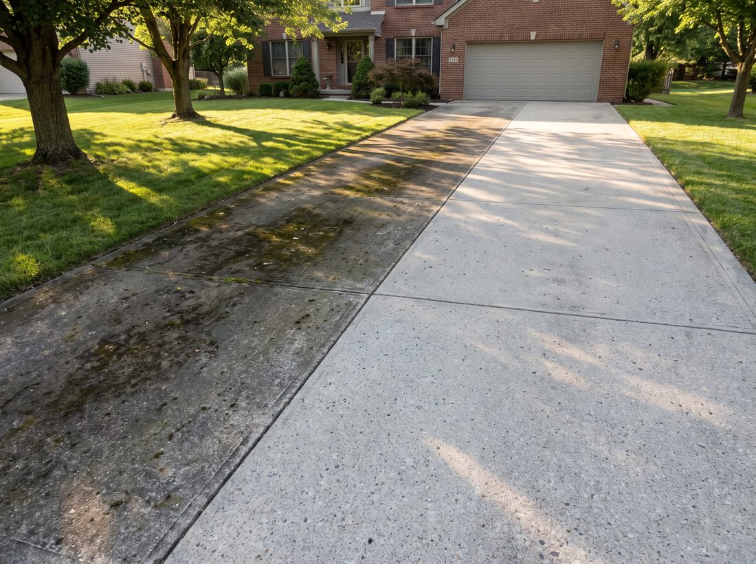 Before and after of a pressure-washed concrete driveway
