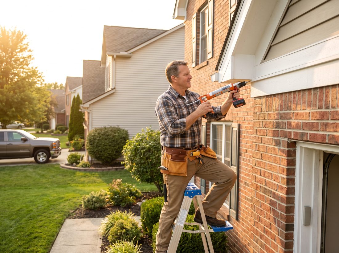 A handyman repairing exterior trim on a home
