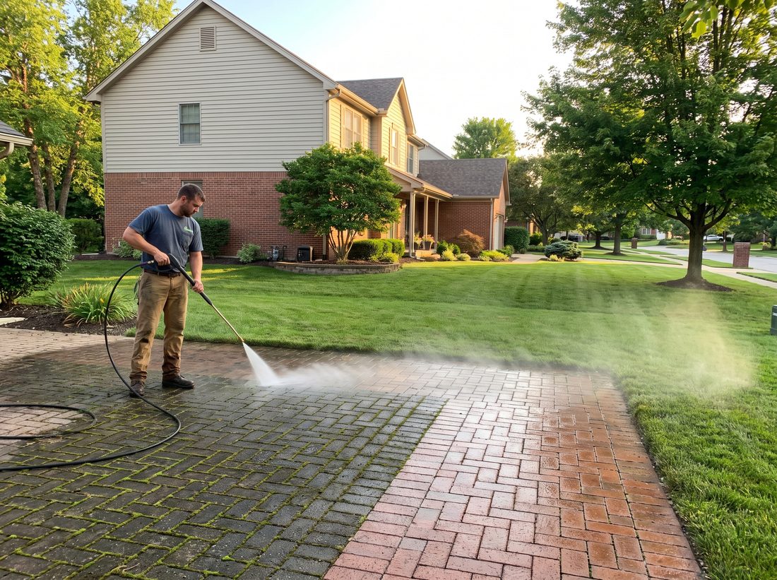Pressure washing a concrete driveway in Central Indiana
