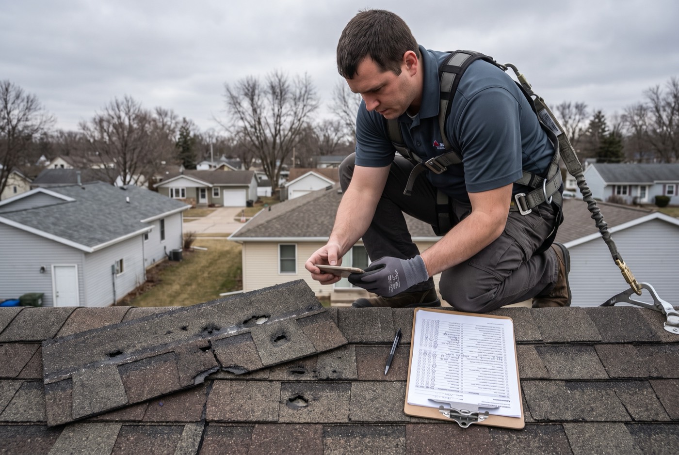 Straightline inspector photographing hail damage on an asphalt shingle roof