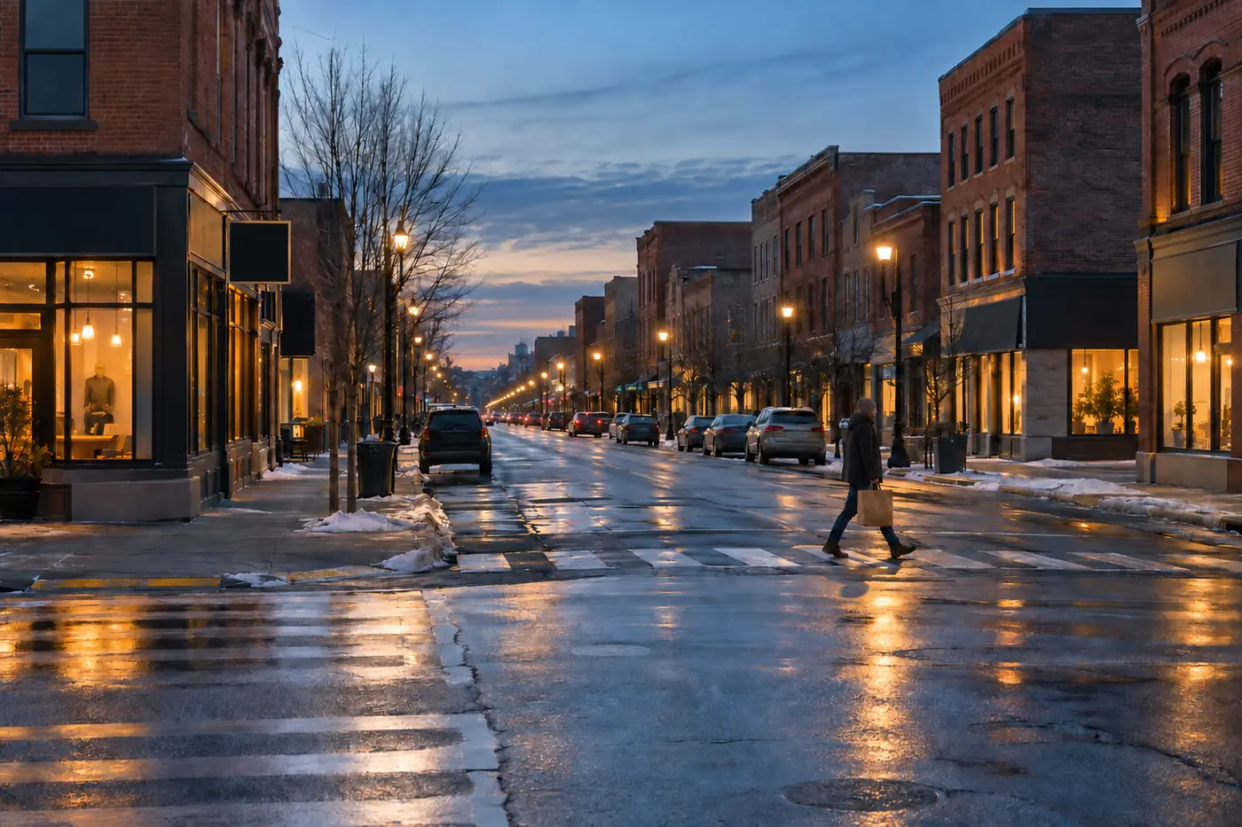 Brick storefronts on a downtown avenue at blue hour