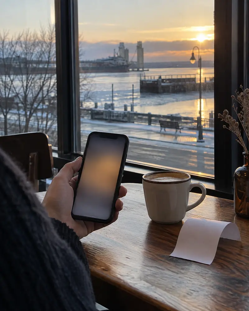 A phone held at a café table by a harbor window