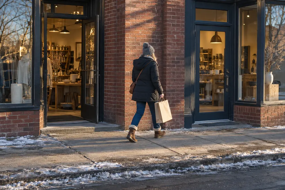 A shopper carrying a bag from one storefront to the next