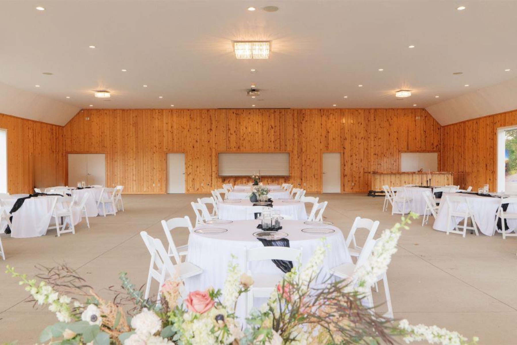 The event center set for a wedding reception