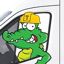 The Tioga gator mascot leaning out the service van window