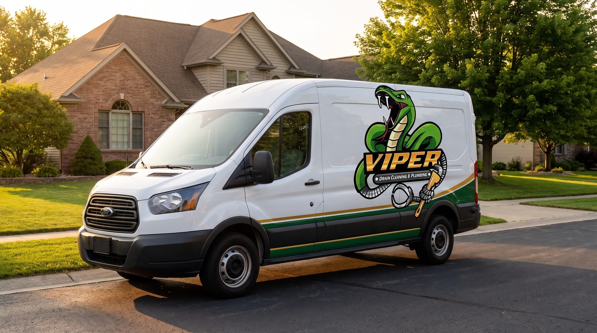 Viper Drain Cleaning branded service van in a Council Bluffs neighborhood