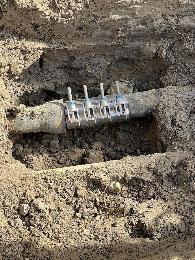 Repair clamps installed on a main line in a trench